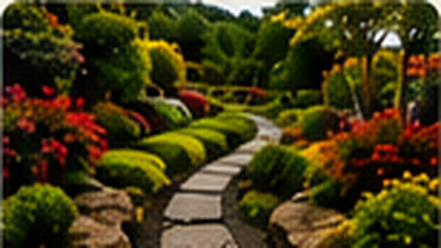 Manicured garden beds with a stone walkway
